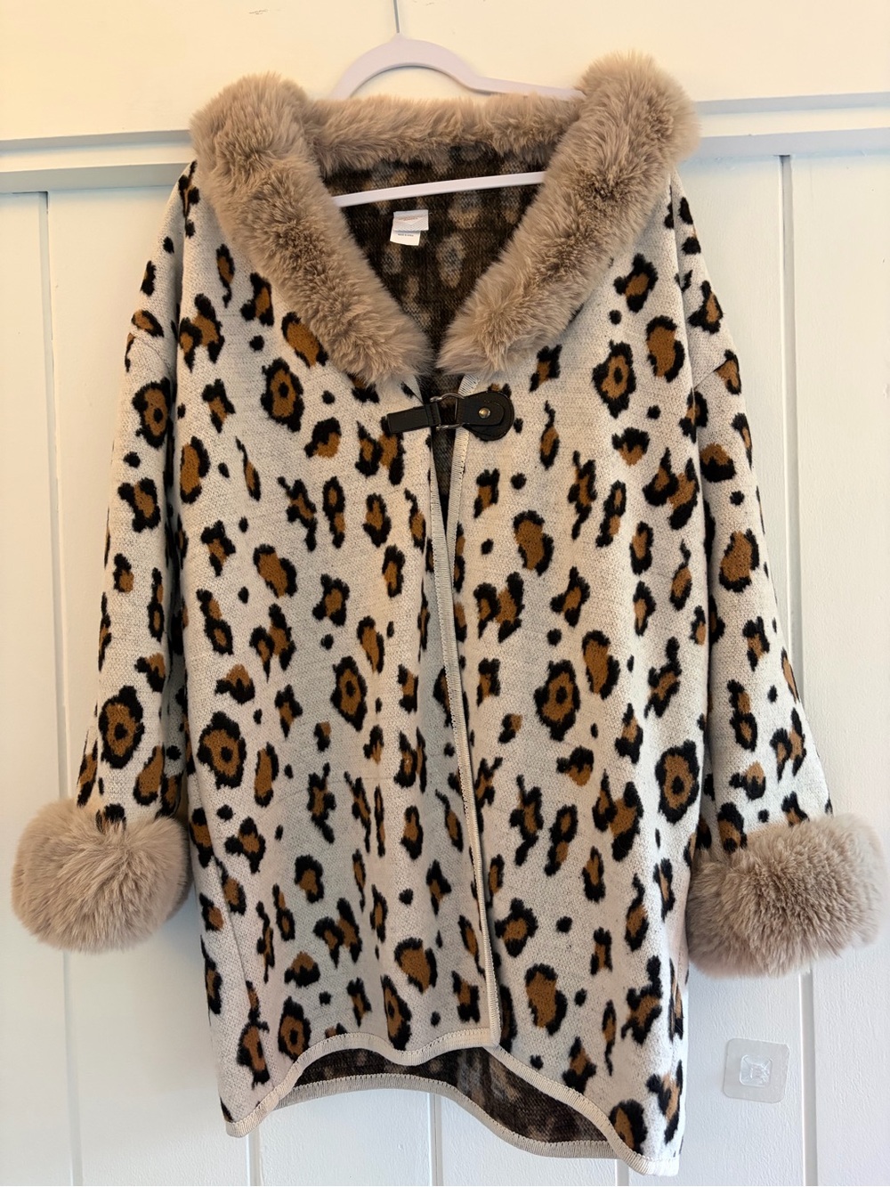 Leopard Print Faux-Fur Trim Women’s Coat - Beige/Tan